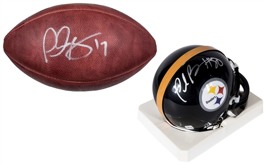 Lot of (2) Plaxico Burress Signed Super Bowl XLII Football & Steelers Mini Helmet (JSA)